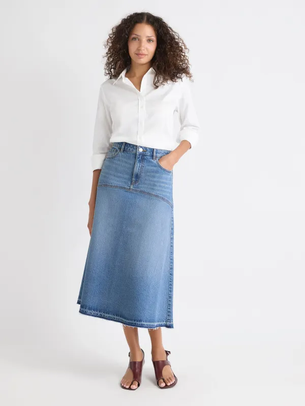 Midi Medium-Wash Flare Denim Skirt sold by RW&CO.