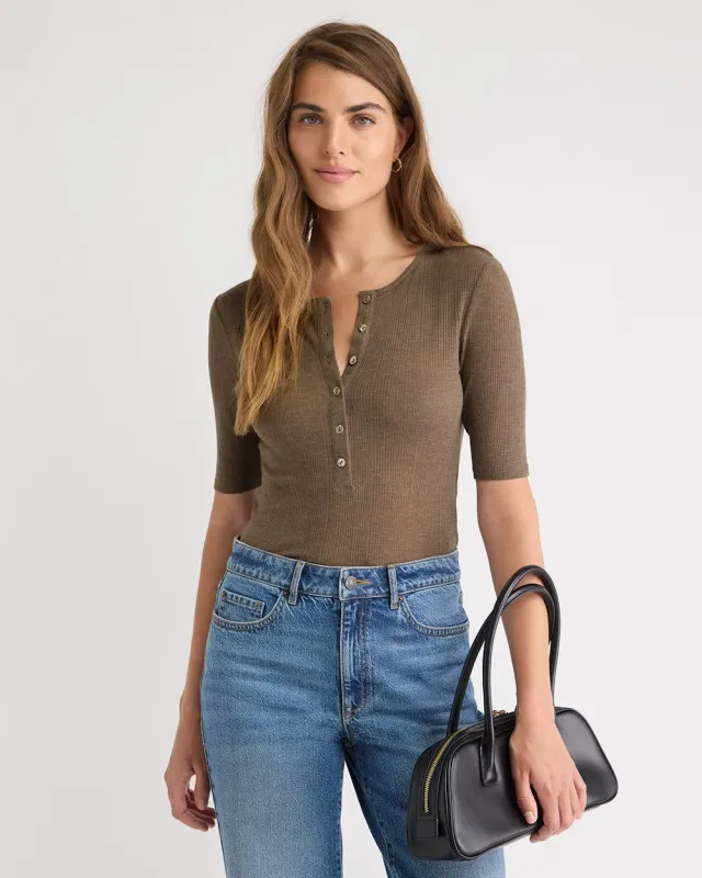 Wool-Blend Ribbed Elbow-Sleeve Henley Top sold by RW&CO.