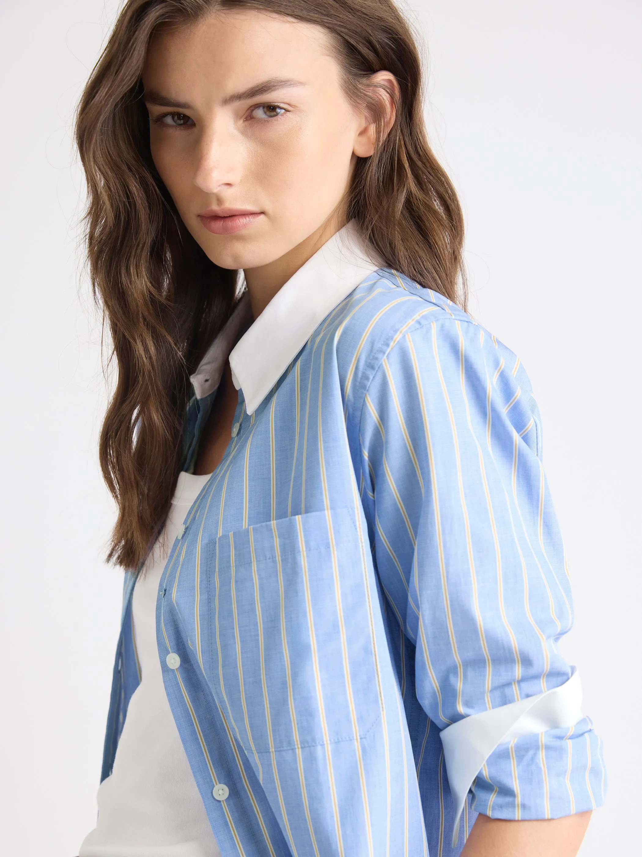 Striped Long-Sleeve Buttoned-Down Poplin Blouse with Contrasting Details sold by RW&CO. product image thumbnail 4