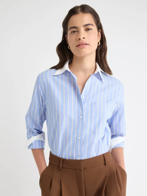 Striped Long-Sleeve Buttoned-Down Poplin Blouse with Contrasting Details sold by RW&CO.