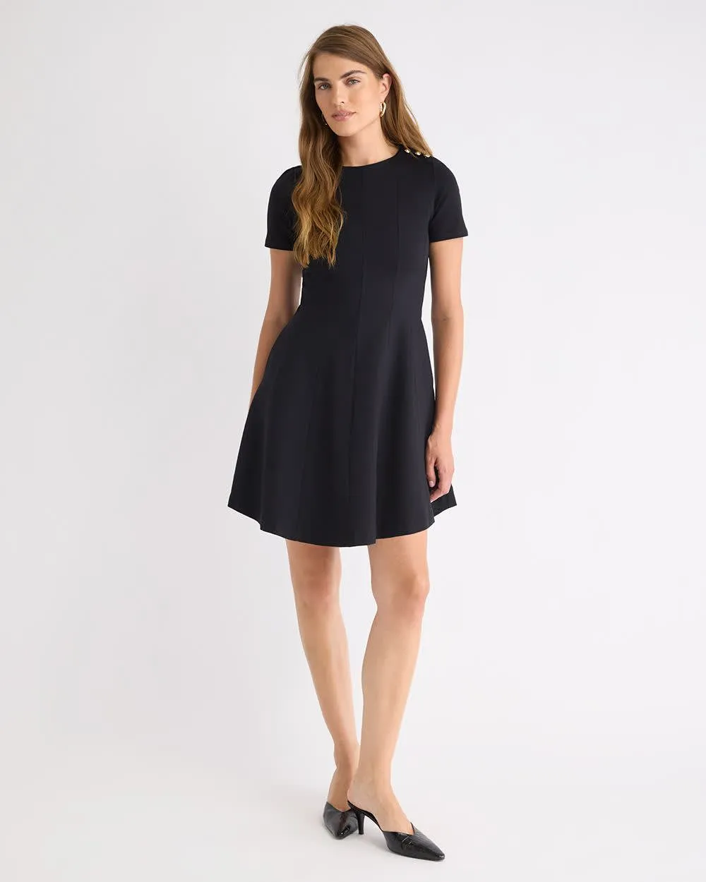 Short-Sleeve Crew-Neck Mini-Dress with Buttons on Shoulder sold by RW&CO.