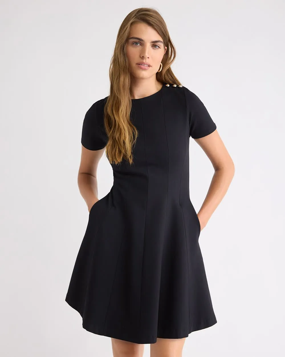 Short-Sleeve Crew-Neck Mini-Dress with Buttons on Shoulder sold by RW&CO. product image thumbnail 2