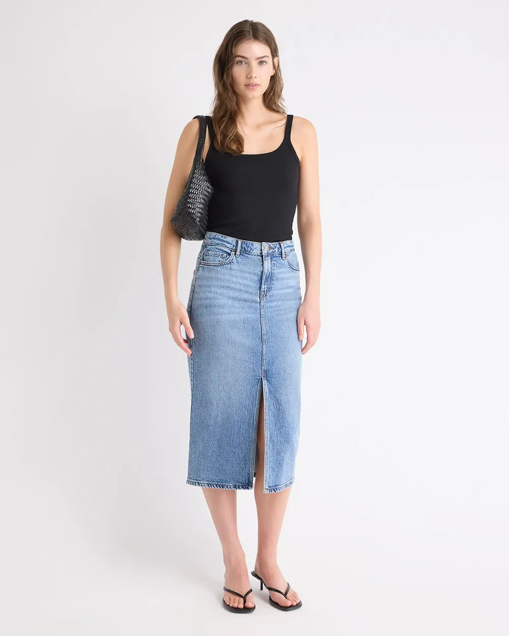 Denim High-Rise Straight Midi Skirt sold by RW&CO.