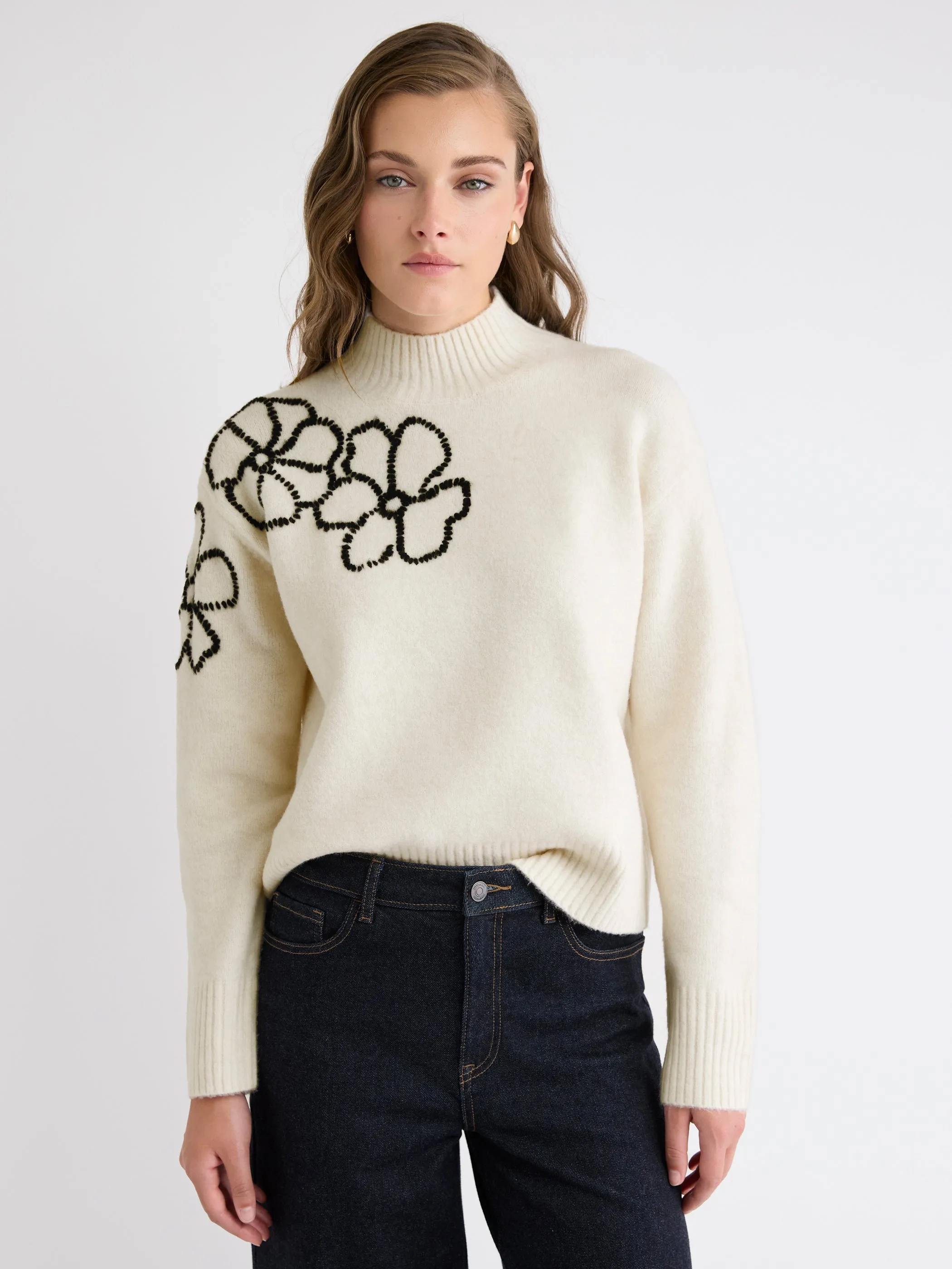 Long-Sleeve Mock-Neck Sweater with Embroidered Pattern sold by RW&CO.