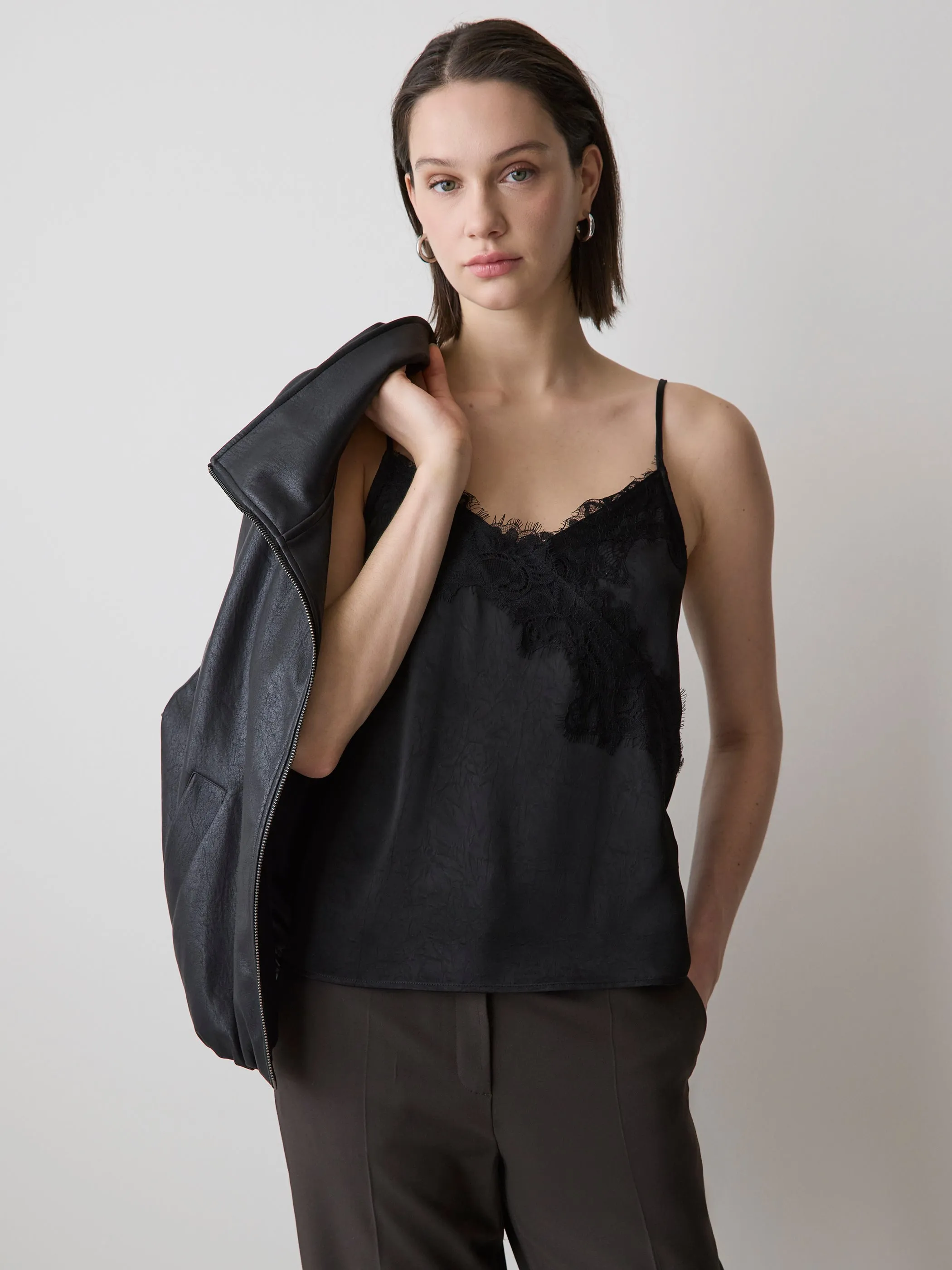 Sleeveless V-Neck Satin Blouse with Lace Trim sold by RW&CO.