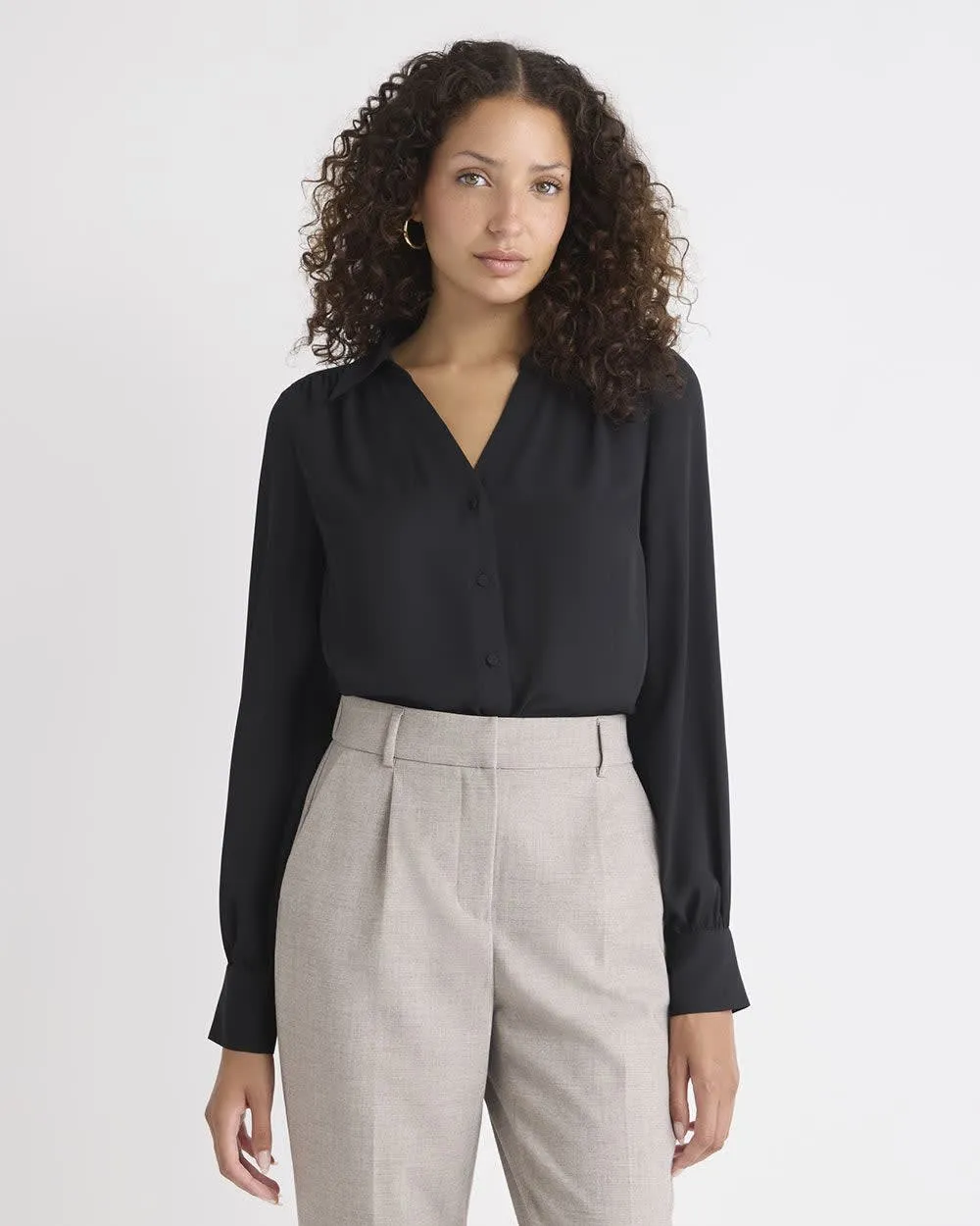 Silky Crepe Long-Sleeve Buttoned-Down Blouse sold by RW&CO.