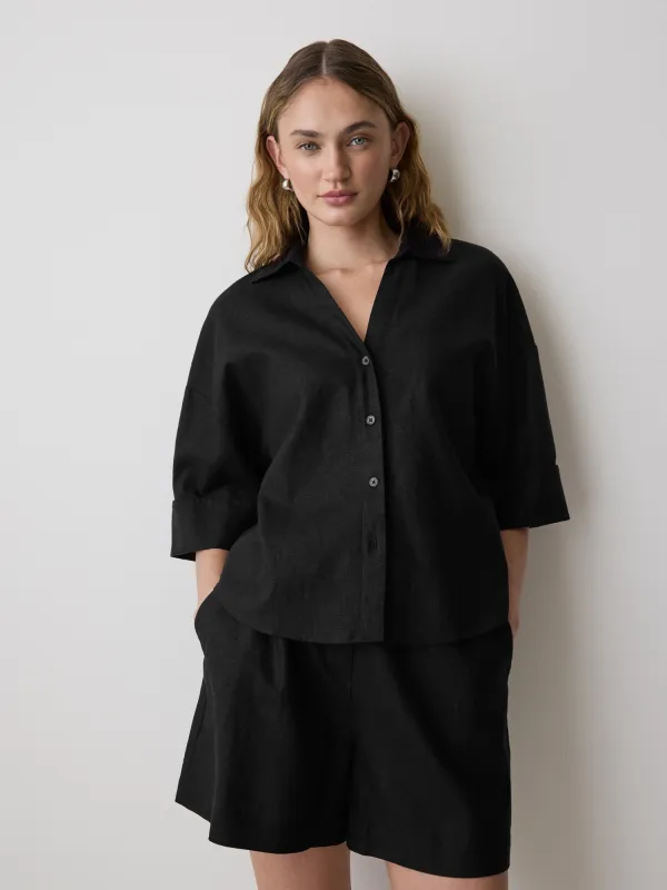 Linen-Blend Short-Sleeve Blouse with Shirt Collar made by RW&CO.