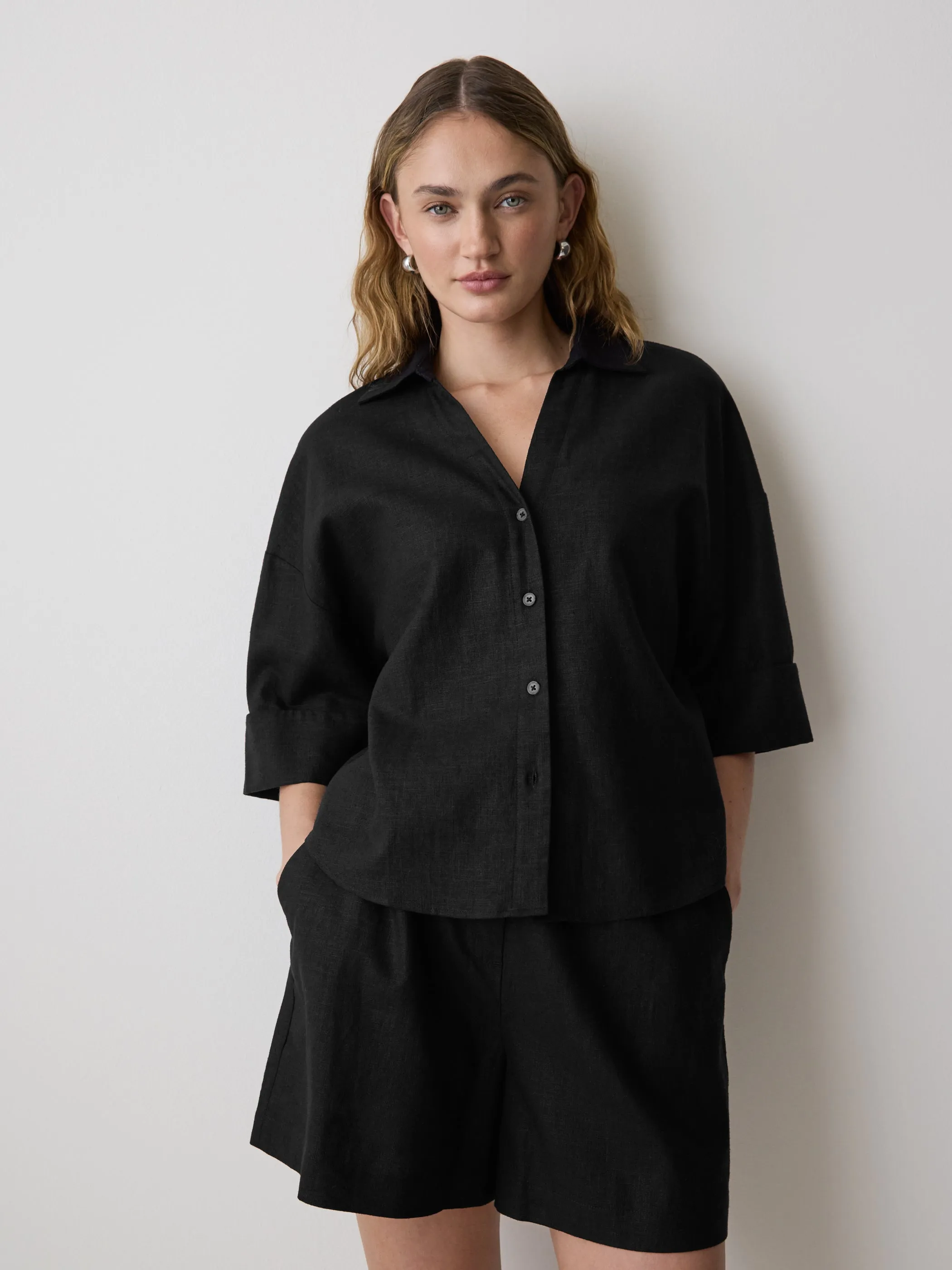 Linen-Blend Short-Sleeve Blouse with Shirt Collar sold by RW&CO.