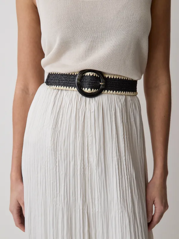 Black and Beige Raffia Belt with Round Buckle made by RW&CO.