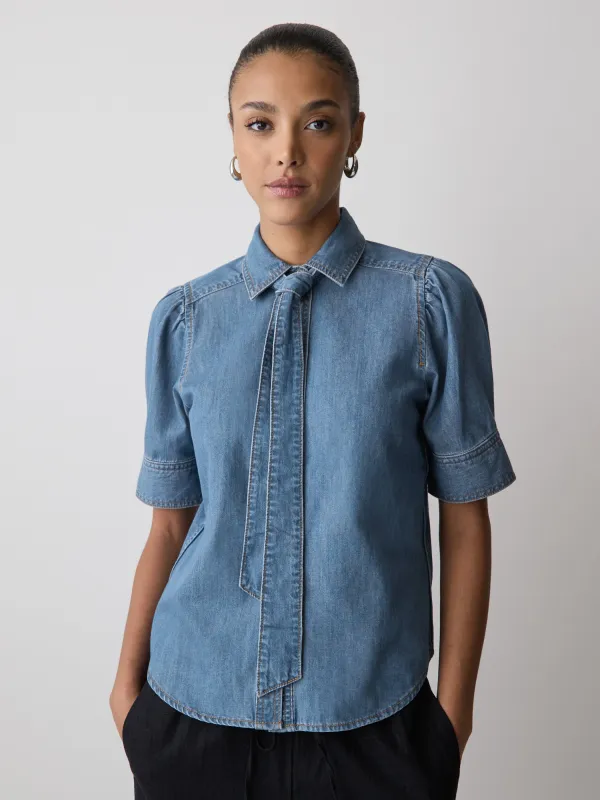 Short-Sleeve Denim Blouse with Shirt Collar made by RW&CO.