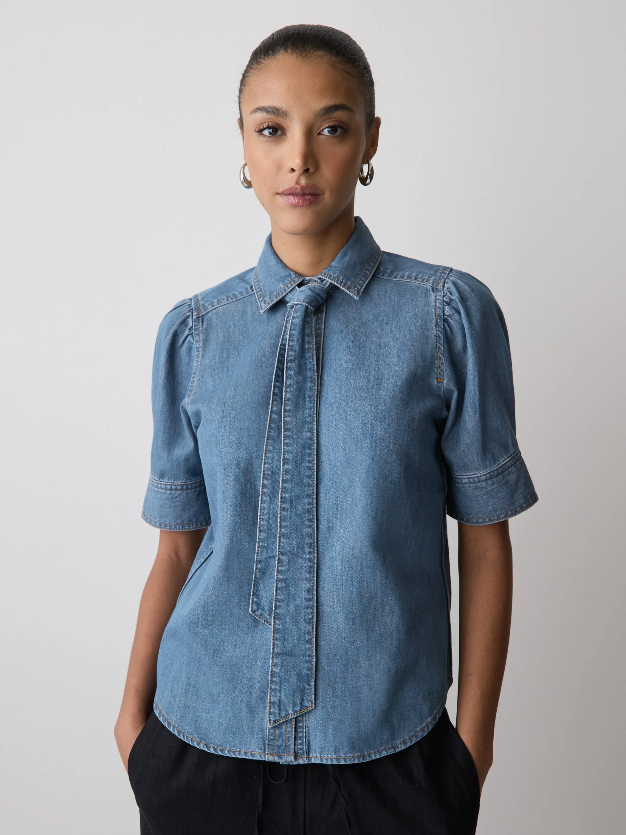 Short-Sleeve Denim Blouse with Shirt Collar sold by RW&CO.