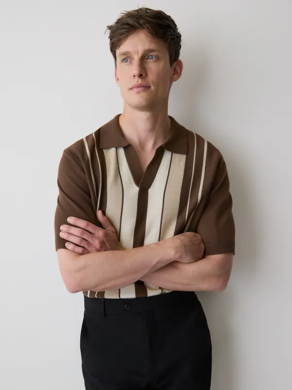Striped Short-Sleeve Sweater with Johnny Collar made by RW&CO.