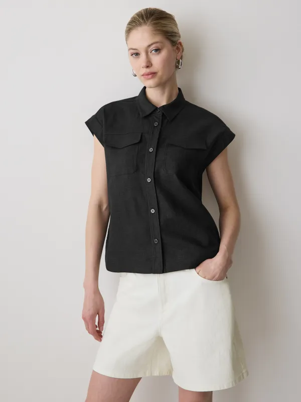 Linen-Blend Extended-Sleeve Blouse with Shirt Collar made by RW&CO.