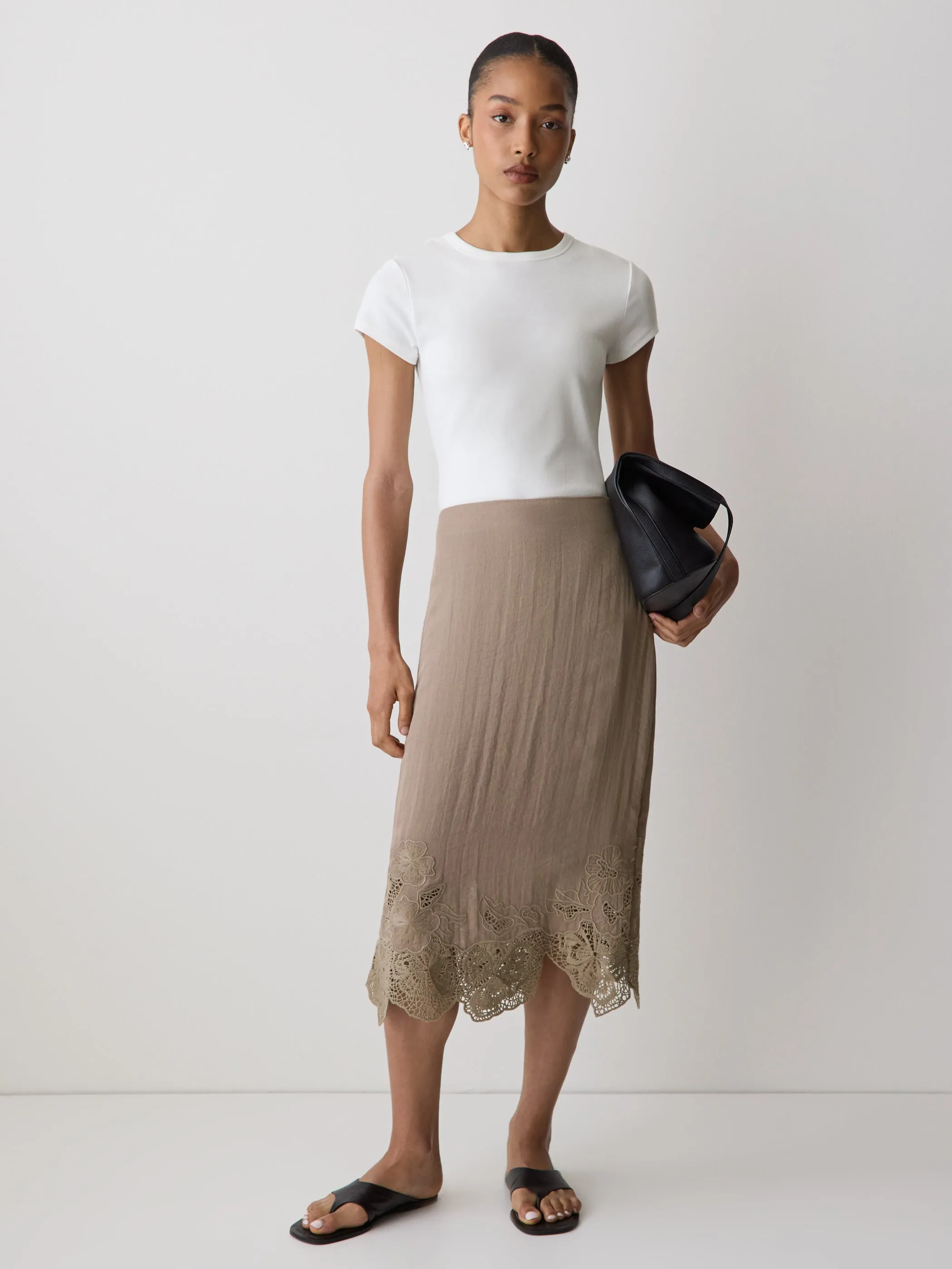 High-Rise Midi Skirt with Lace Trim sold by RW&CO.