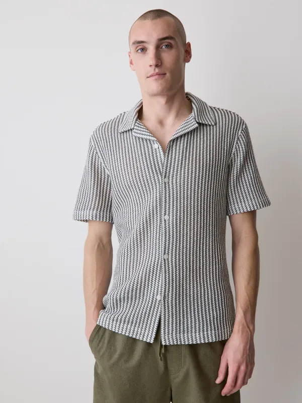 Striped Short-Sleeve Crochet Shirt with Camp Collar made by RW&CO.