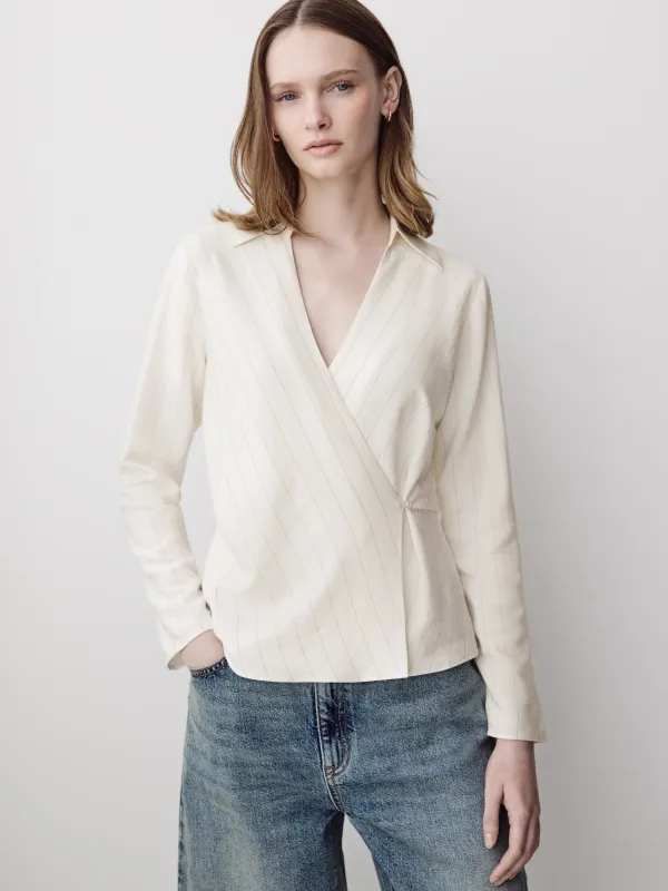 Striped Long-Sleeve Wrap Blouse made by RW&CO.