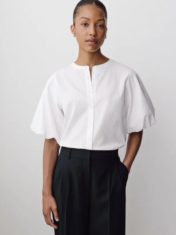 Crew-Neck Buttoned Blouse with Short Balloon Sleeves made by RW&CO.