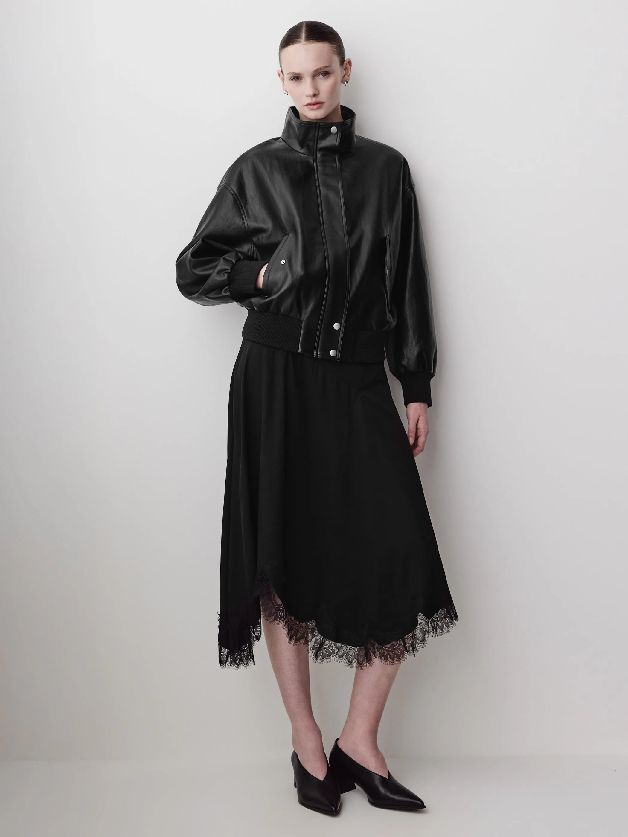 Asymmetrical Twill Skirt with Lace Trim sold by RW&CO.