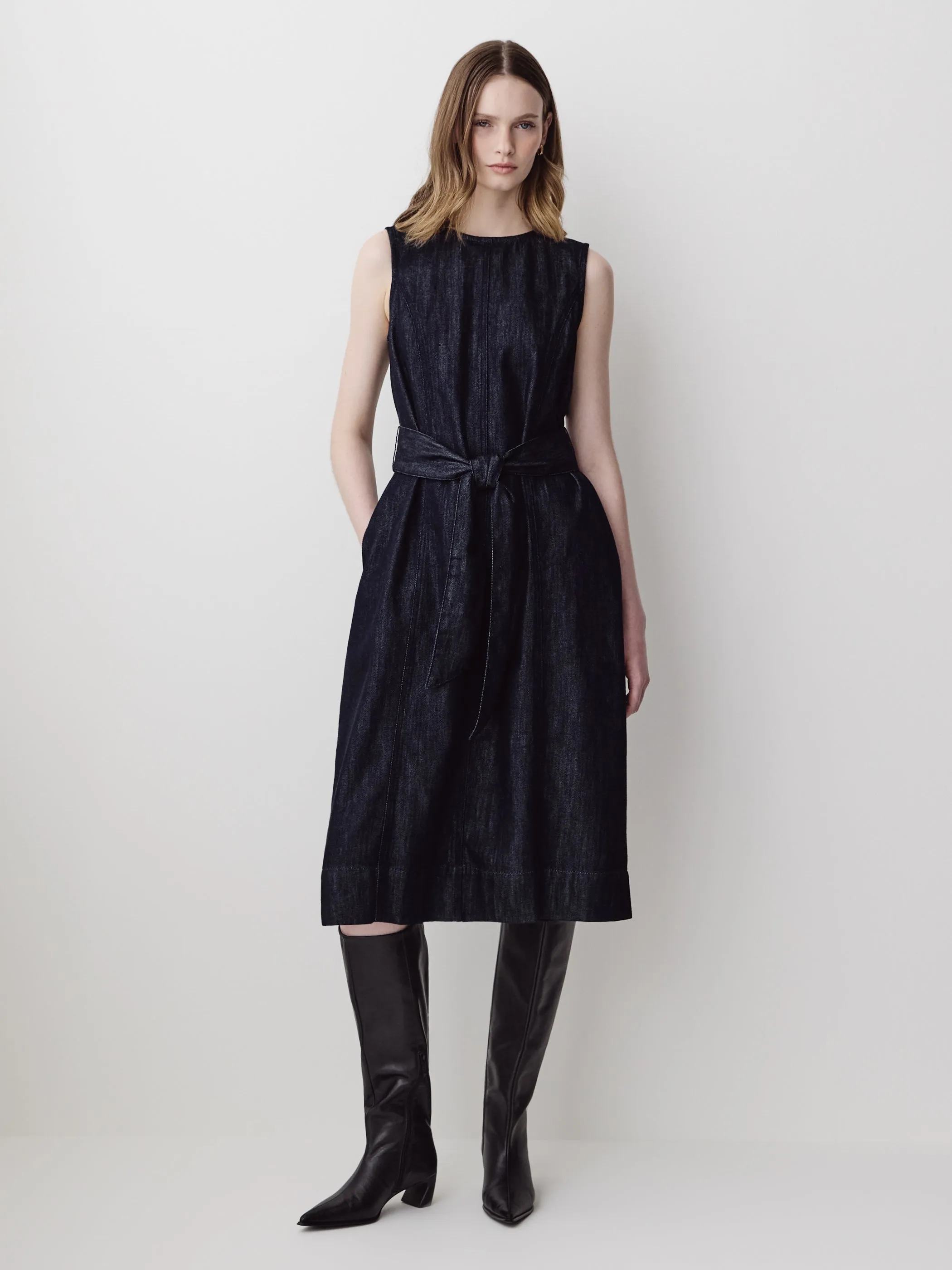 Sleeveless Belted Midi Denim Dress sold by RW&CO.