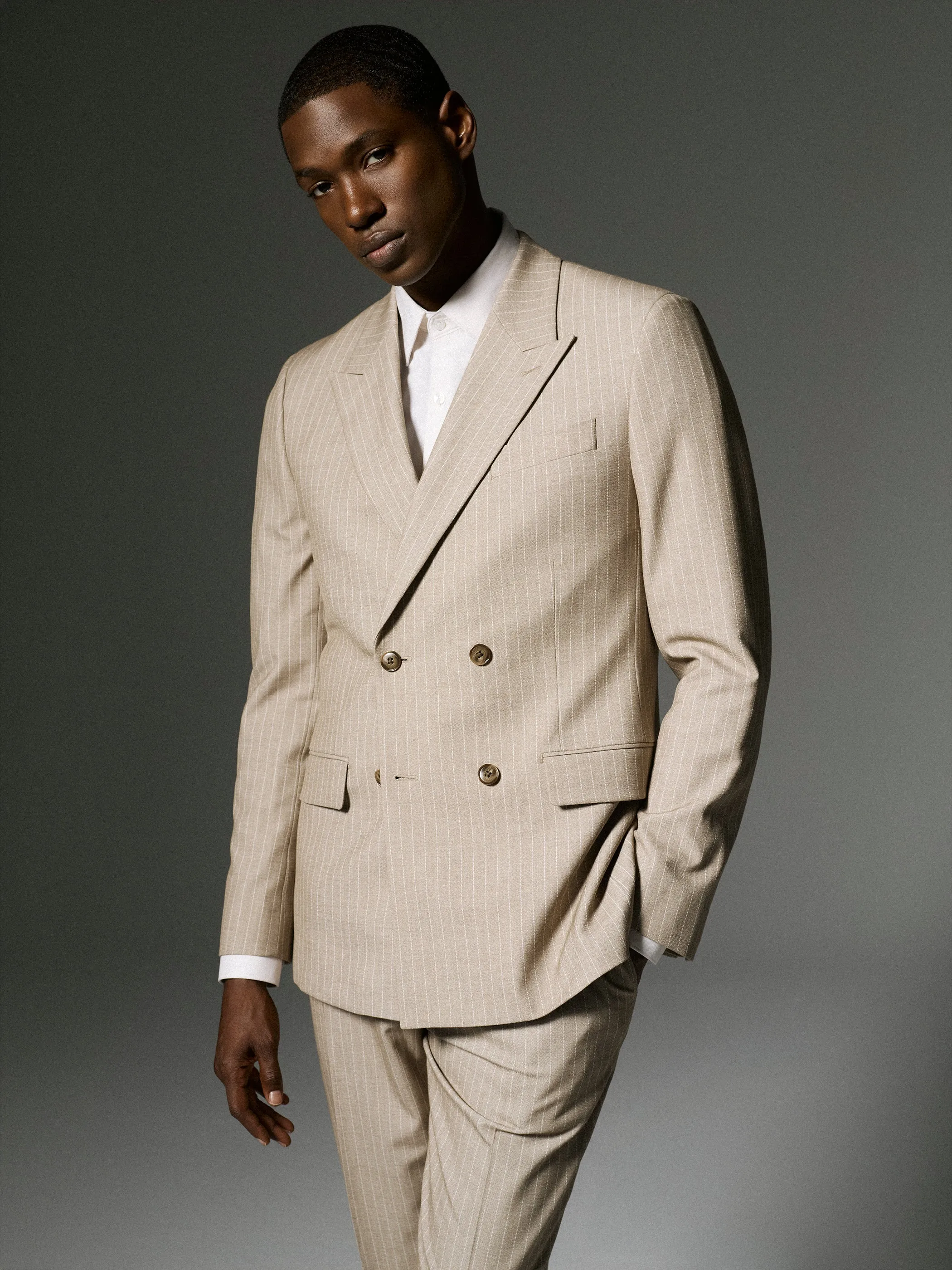 Tailored-Fit Double-Breasted Striped Suit Blazer sold by RW&CO.