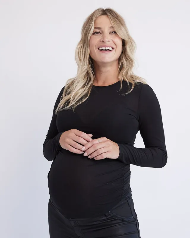 Black Shirred Sheer Top with Long Sleeves - Thyme Maternity sold by RW&CO.