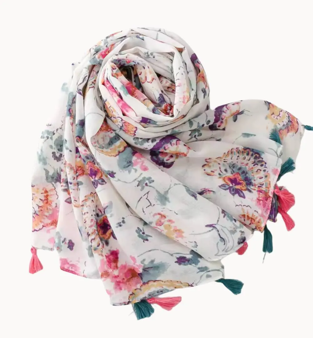 White and Watercolor Motif Scarf with Pink and Teal Tassel - Don't AsK sold by RW&CO. product image thumbnail 2