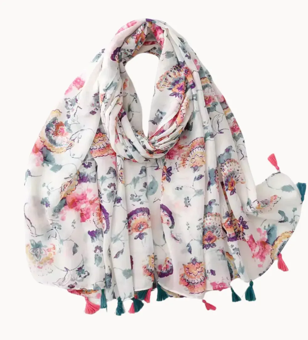 White and Watercolor Motif Scarf with Pink and Teal Tassel - Don't AsK sold by RW&CO. product image thumbnail 3