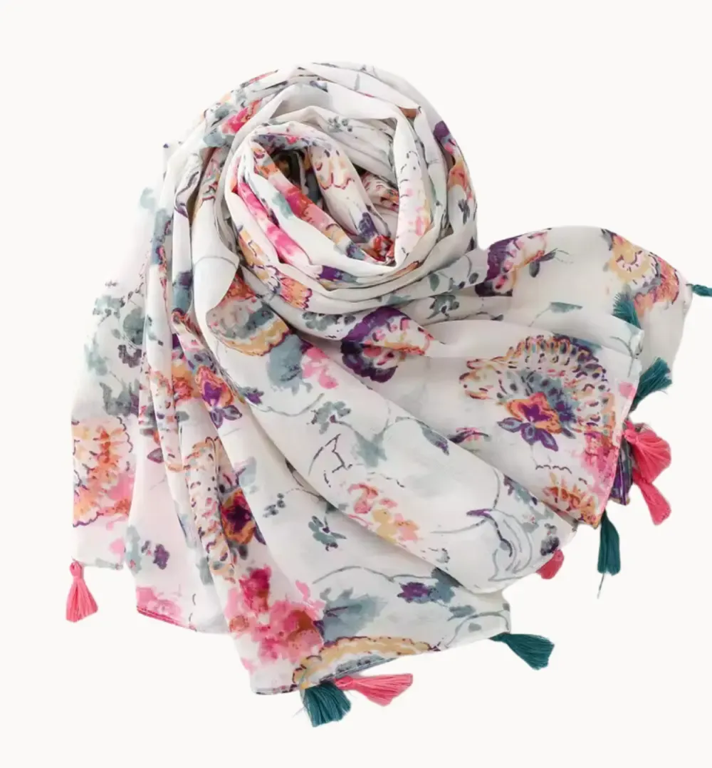 White and Watercolor Motif Scarf with Pink and Teal Tassel - Don't AsK sold by RW&CO. product image thumbnail 4