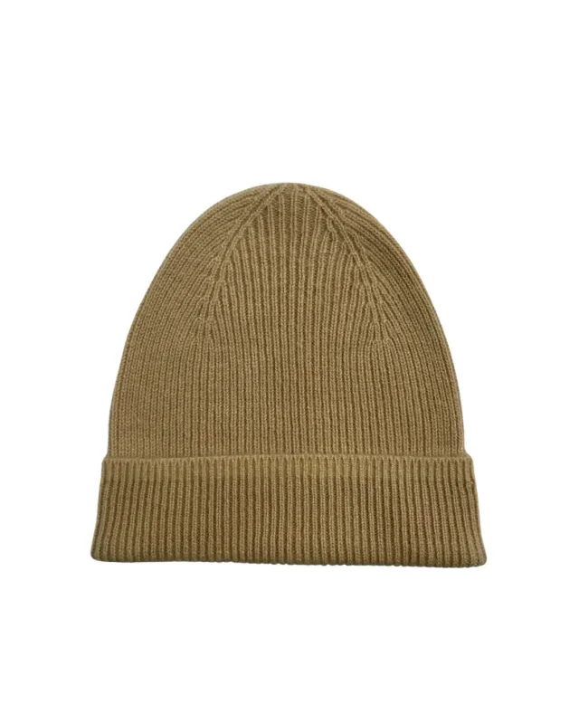 Cashmere rib beanie in camel sold by Ryan Roche