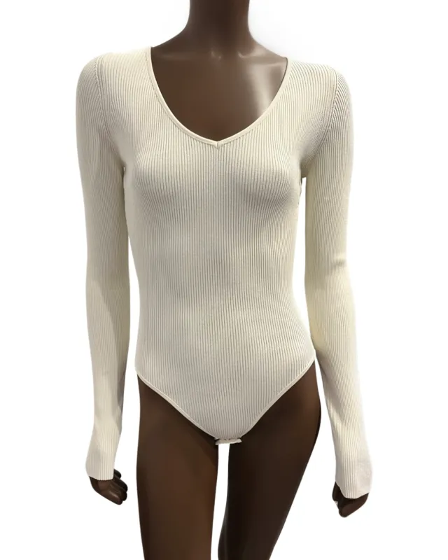 Lovely ballerina knit bodysuit with slim long sleeve in navajo white sold by Ryan Roche