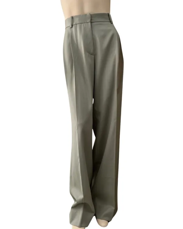 High waisted, wide leg wool trouser in pale sage sold by Ryan Roche