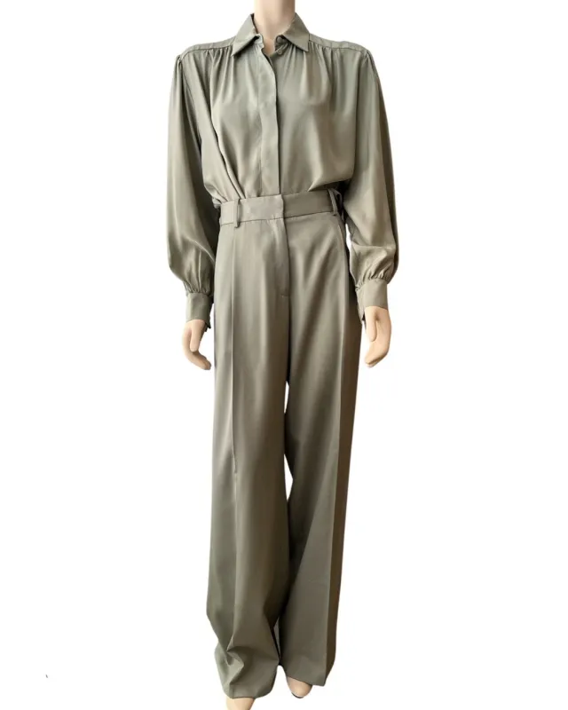 Silk crepe de chine blouse with puff sleeve and delicate chantilly lace trim in pale sage sold by Ryan Roche