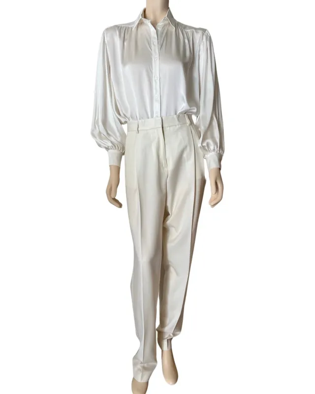Silk satin charmeuse puffed sleeve blouse in winter white sold by Ryan Roche