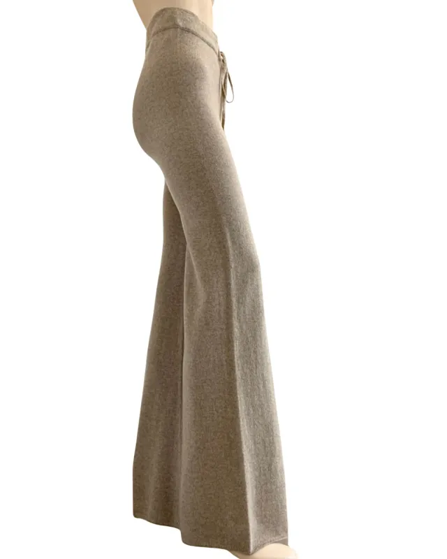 Recycled Cashmere high waisted, wide leg knit pant in beige sold by Ryan Roche