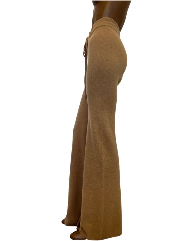 Recycled Cashmere high waisted, wide leg knit pant in camel sold by Ryan Roche
