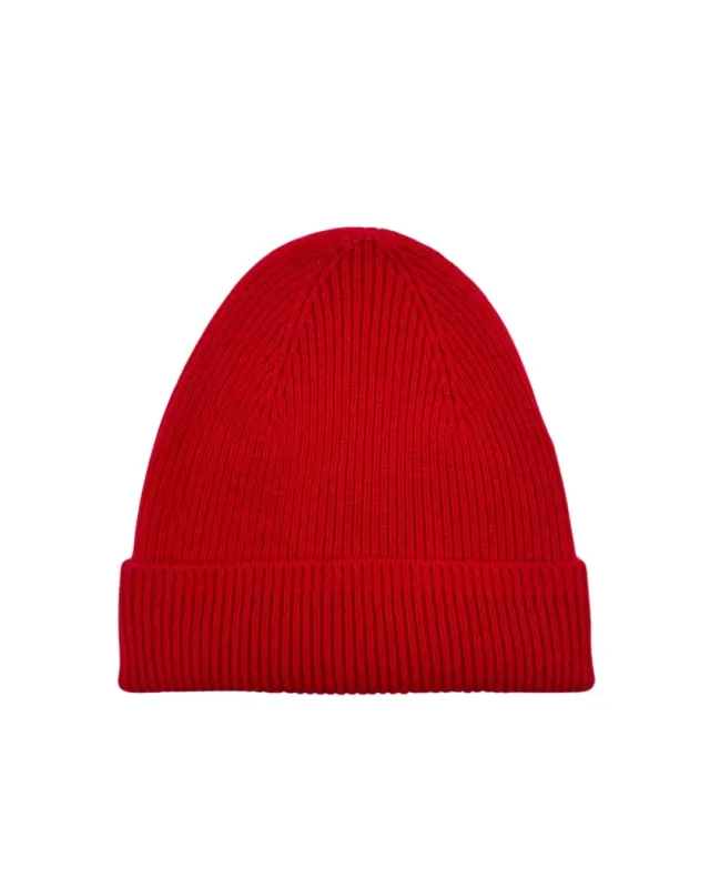 Cashmere rib beanie in red sold by Ryan Roche