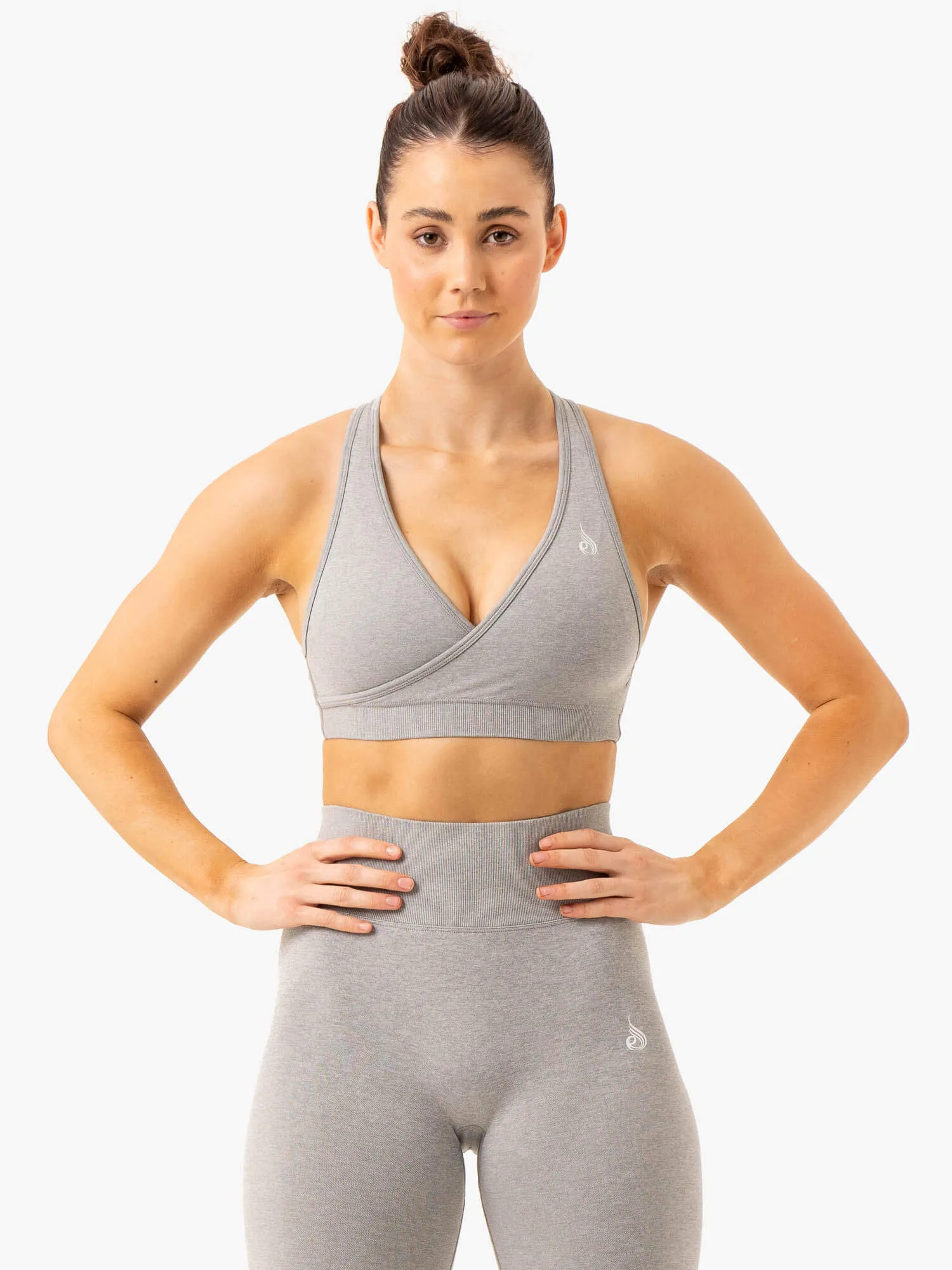 Essential Seamless Cross Over Sports Bra - Light Grey Marl sold by Ryderwear