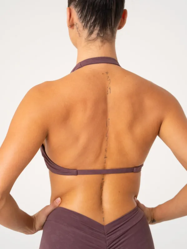 NKD Stonewash Halter Sports Bra - Chocolate Stonewash sold by Ryderwear