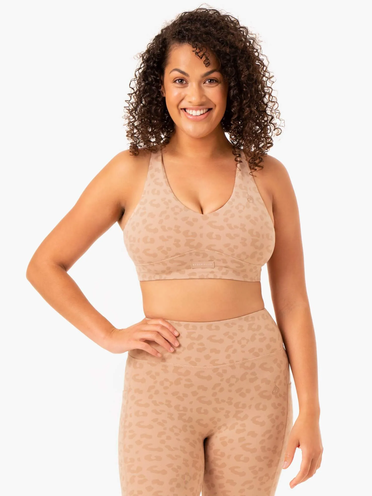 Ultra V-Neck Sports Bra - Tan Leopard sold by Ryderwear