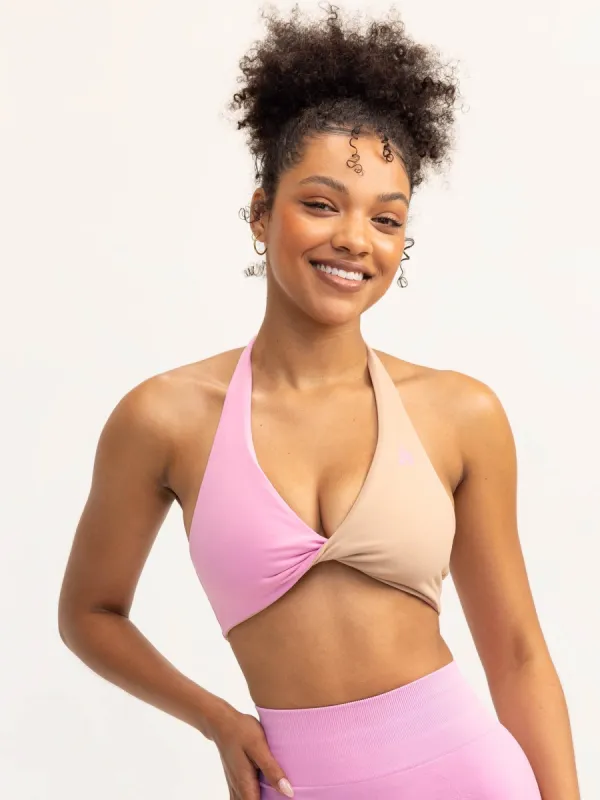 Duo Halter Twist Sports Bra - Musk Pink/Tan sold by Ryderwear