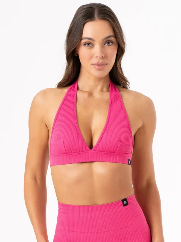 Rib Seamless Halter Sports Bra - Hot Pink sold by Ryderwear