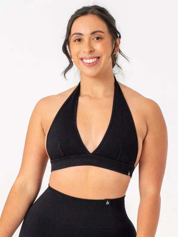 Rib Seamless Halter Sports Bra - Black sold by Ryderwear