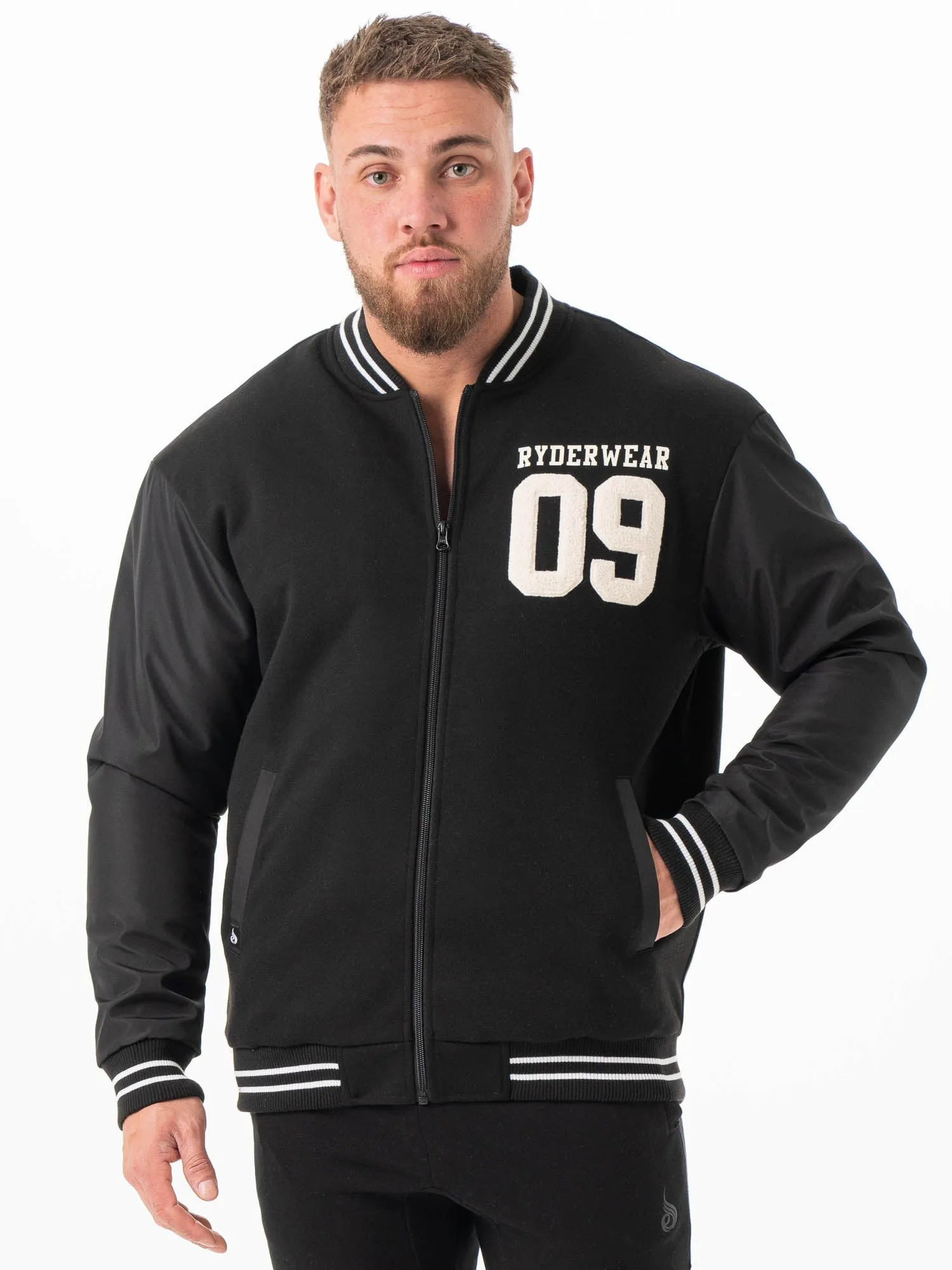 Varsity Bomber Jacket - Black/Black sold by Ryderwear