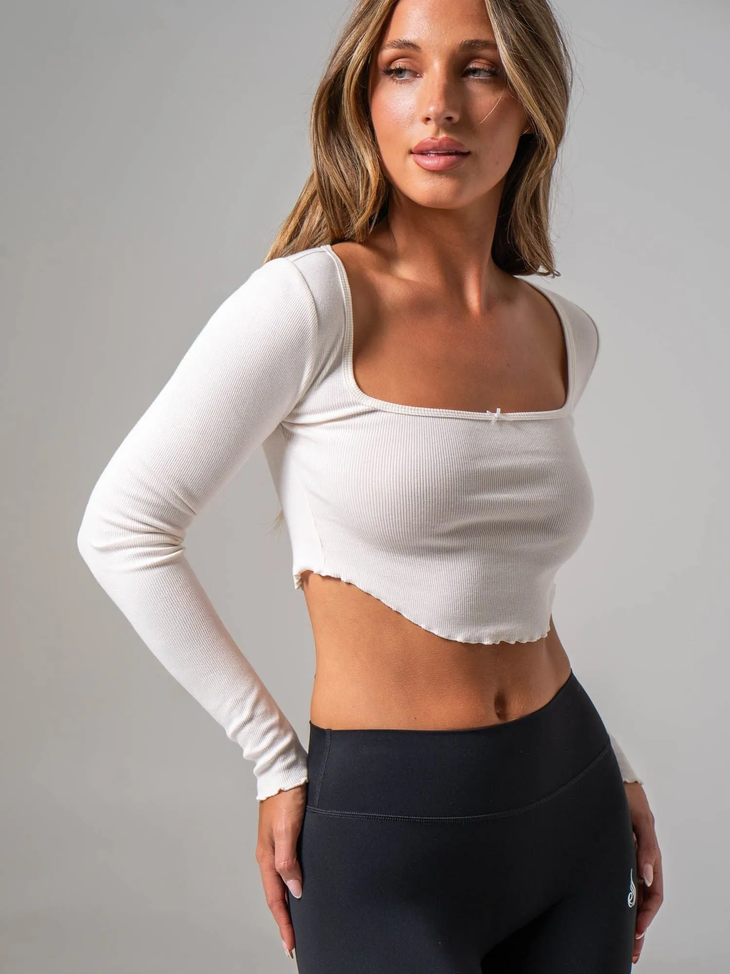 Bow Ribbed Long Sleeve Crop - Off White sold by Ryderwear product image thumbnail 3