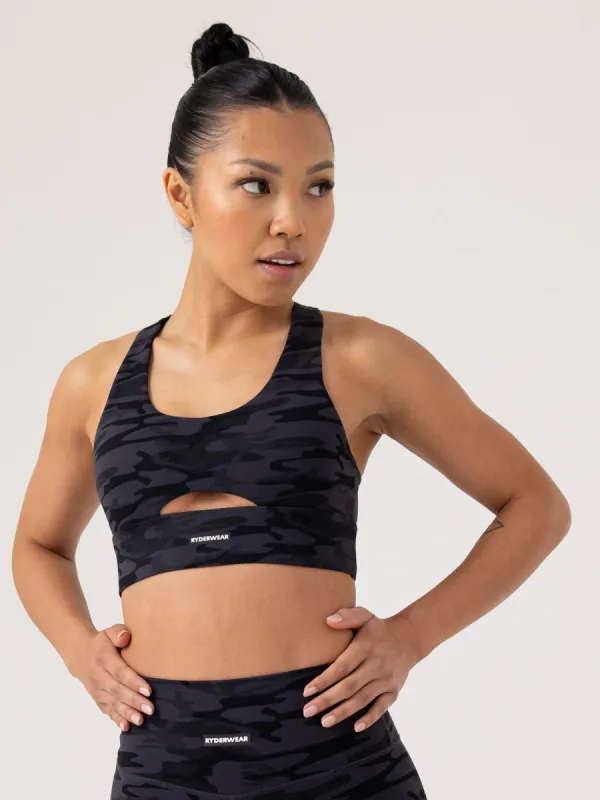 Base Racer Back Sports Bra - Black Camo sold by Ryderwear