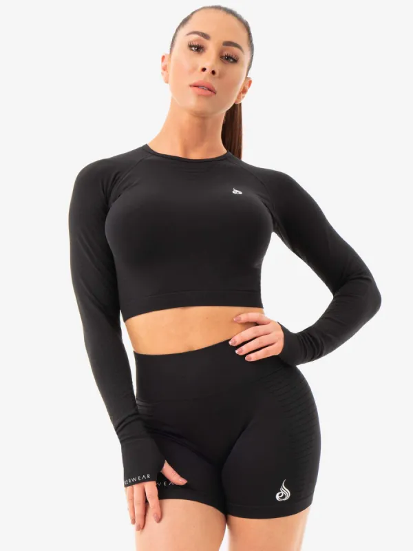 Geo Seamless Long Sleeve Crop Top - Black made by Ryderwear