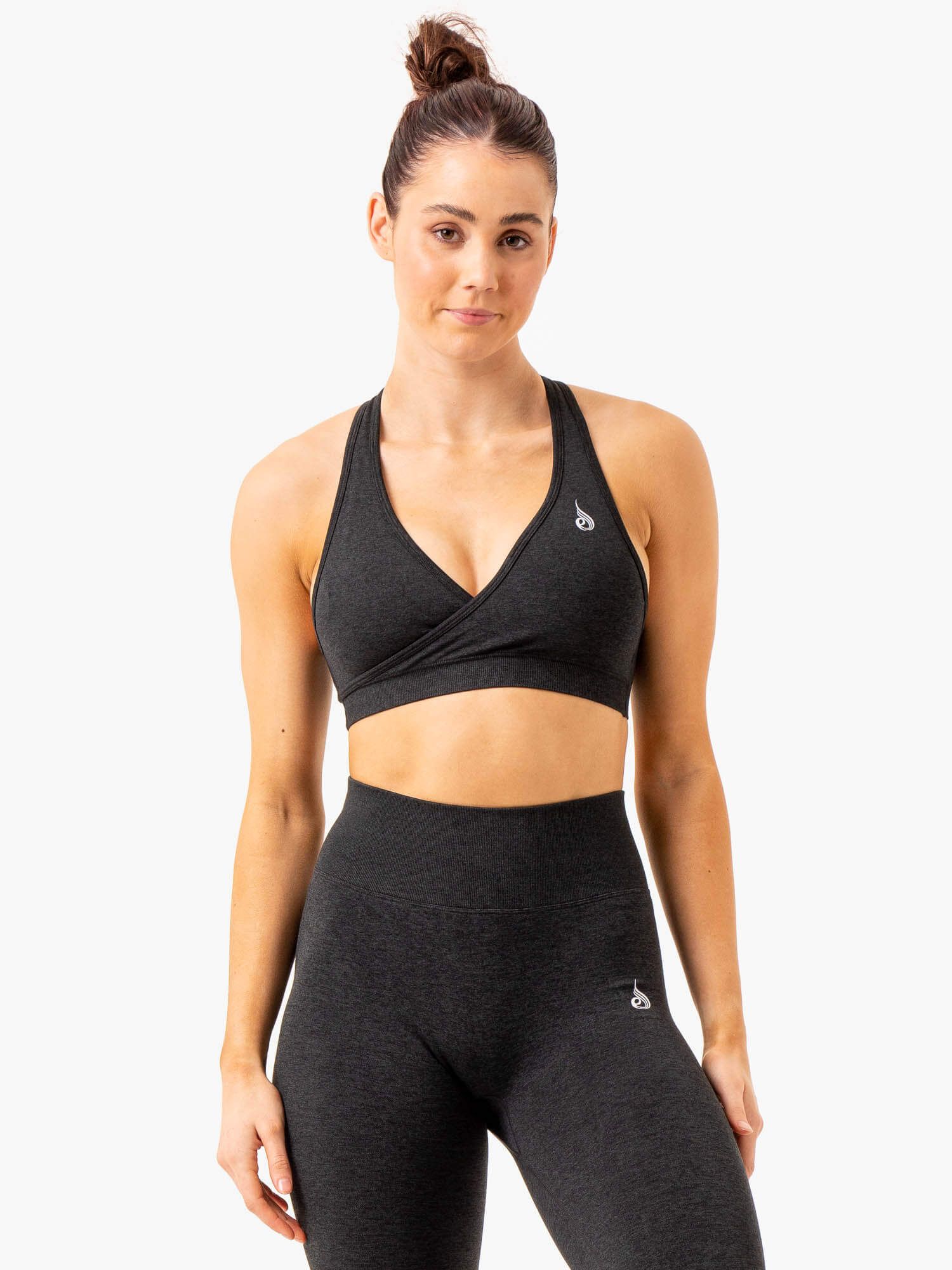 Essential Seamless Cross Over Sports Bra - Black Marl sold by Ryderwear