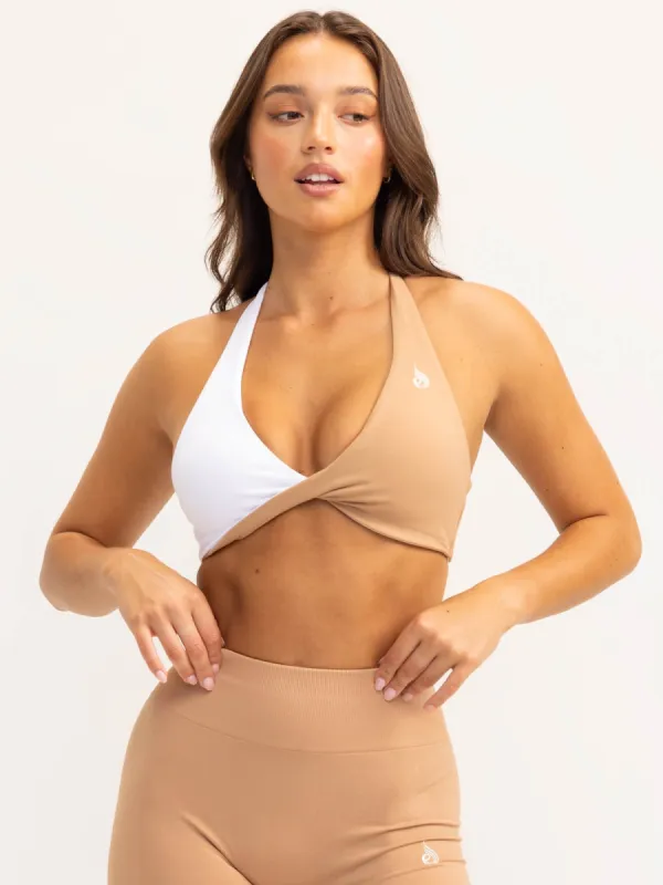 Duo Halter Twist Sports Bra - White/Tan sold by Ryderwear
