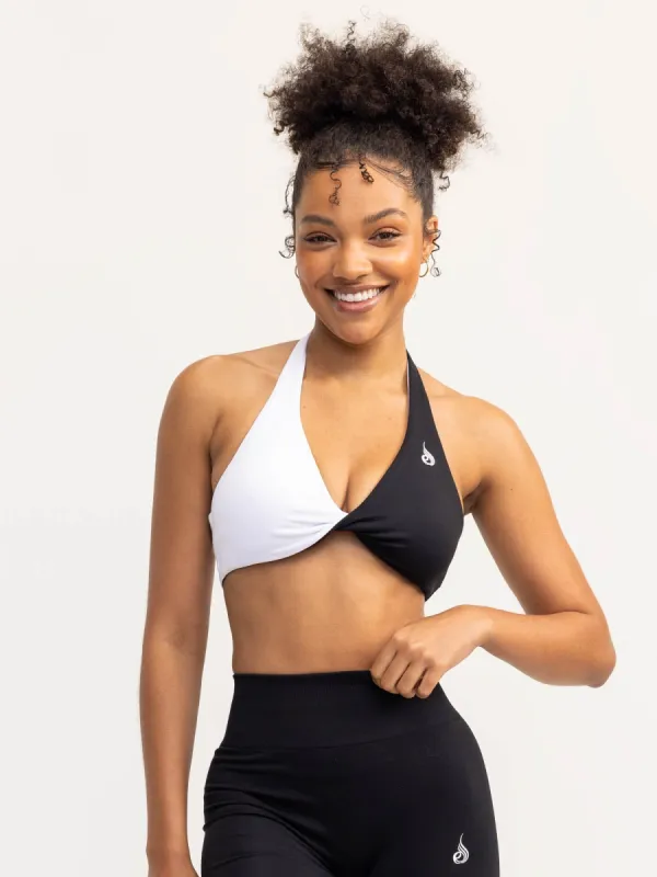 Duo Halter Twist Sports Bra - Black/White sold by Ryderwear