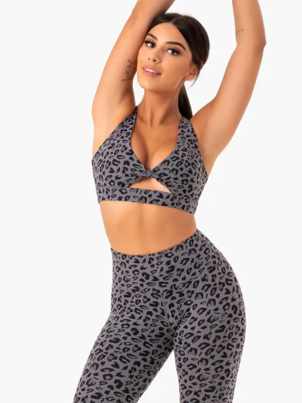 Adapt Twist Sports Bra - Grey Leopard sold by Ryderwear